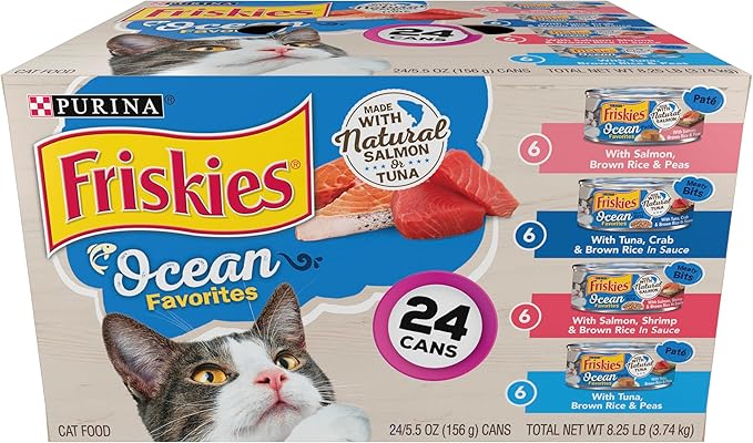 Purina Friskies Ocean Favorites Wet Cat Food Pate and Meaty Bits Variety Pack With Salmon and Tuna - (Pack of 24) 5.5 oz. Cans