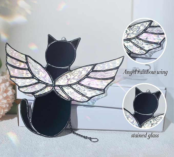 Angel Rainbow Wing Memorial Gifts - Stained Glass Cat Suncatcher, Loss of Cat Sympathy Gift (Black)
