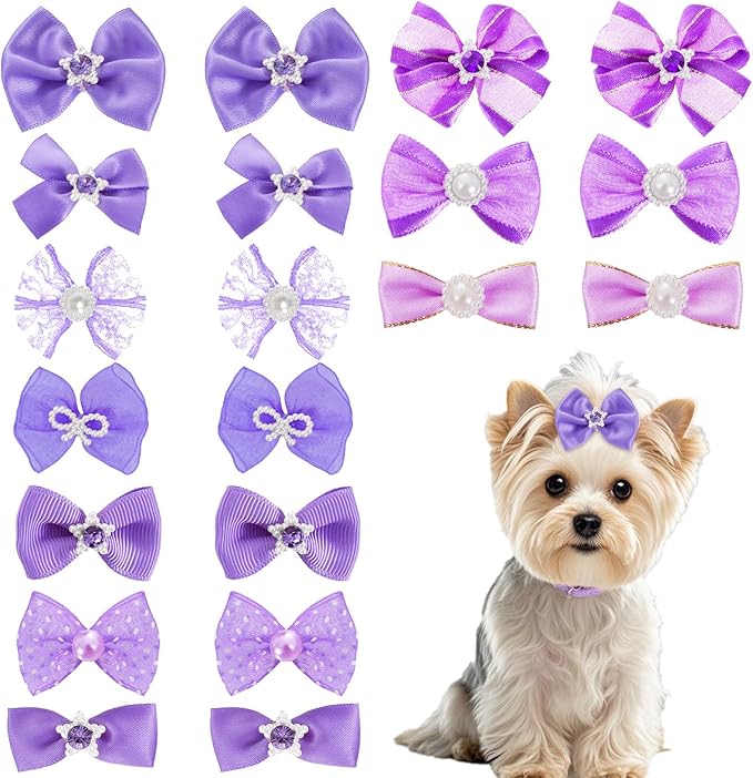 20 PCS Cute Dog Hair Bows with Rubber Bands Elastic Handmade Mix Style Lace Rhinestone Pearls for Furry Puppy Cat Pet Girl, Purple