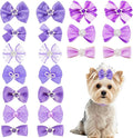 20 PCS Cute Dog Hair Bows with Rubber Bands Elastic Handmade Mix Style Lace Rhinestone Pearls for Furry Puppy Cat Pet Girl, Purple