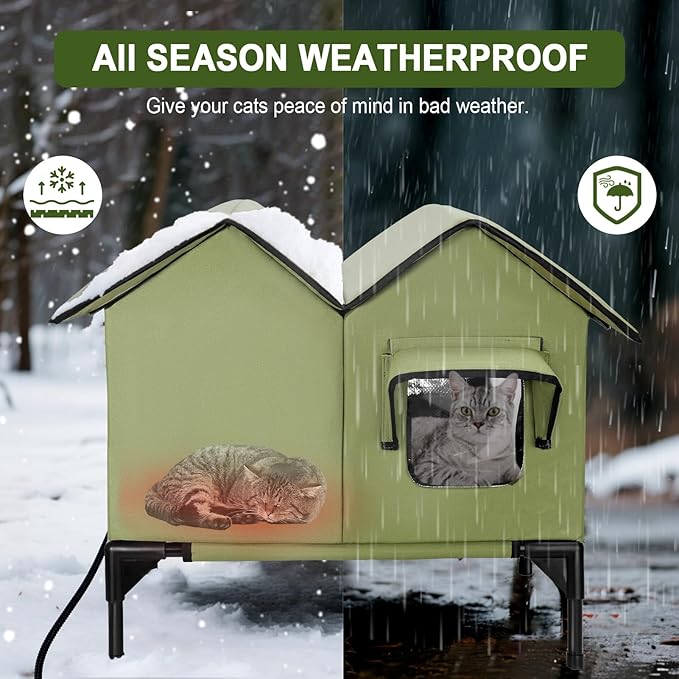 Large Heated Cat House for Outside in Winter, Elevated Waterproof Cat House for Outdoor Cats with Heating Pad, Insulated Heated Outdoor Cat House Weatherproof for Stray Cats Small Dogs (Green)