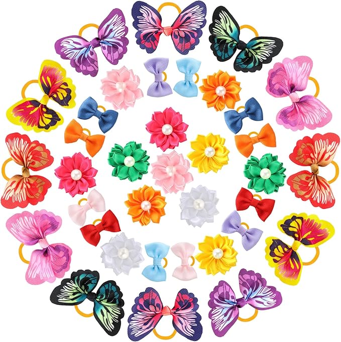 Janinka 36 Pieces Dog Hair Bows with Rubber Bands Easter Butterfly Bows for Small Size Dog Girl Flower Pearls Elastic Hair Ties Bands for Pets Puppy Cats Grooming Accessories(Fresh Color)