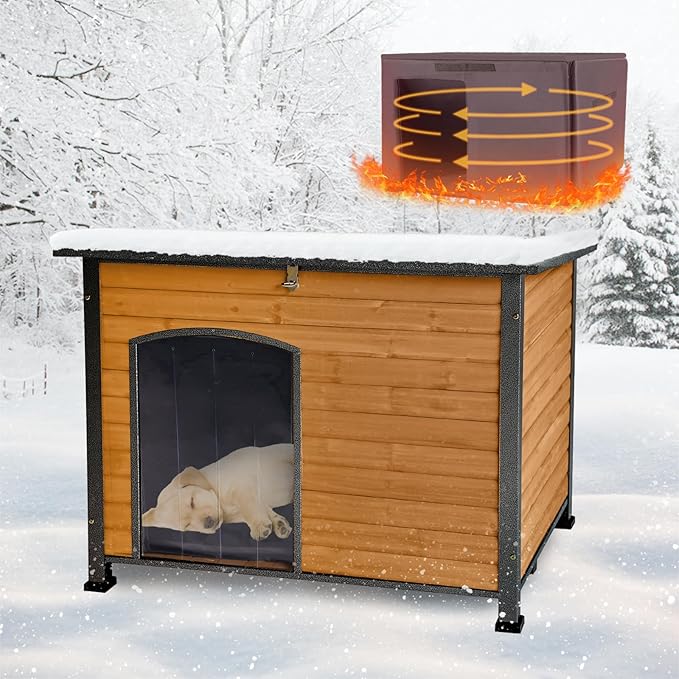 Feral Dog Heated House Outdoor,Anti Bite Iron Frame Dog Kennel,Wood Warm Pets Home,Insulated Weatherproof Outside Shelter for Feral Animal (43.3" (L) x 29.4" (W) x 33.4" (H)-Brown-in)