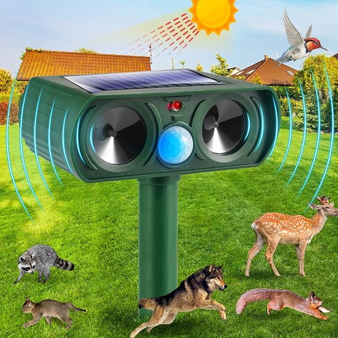 Ultrasonic Animal Repeller Outdoor Deer Repellent Sonic Cat Deterrent Motion Activated Solar Animal Repeller Waterproof Solar Repeller, Keep Dog Raccoon Rabbit Fox Squirrel Out of Yard (1)