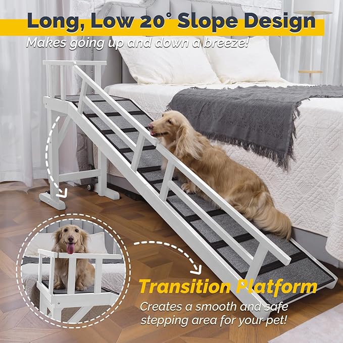 Dog Ramp for Bed or Couch, Wooden Pet Ramp with 20° Gentle Slope, Removable Side Rails, Non-Slip Surface, Top Platform & Wheels, Safe Bed Ramp for Small, Large & Senior Dogs, 74" Long, White
