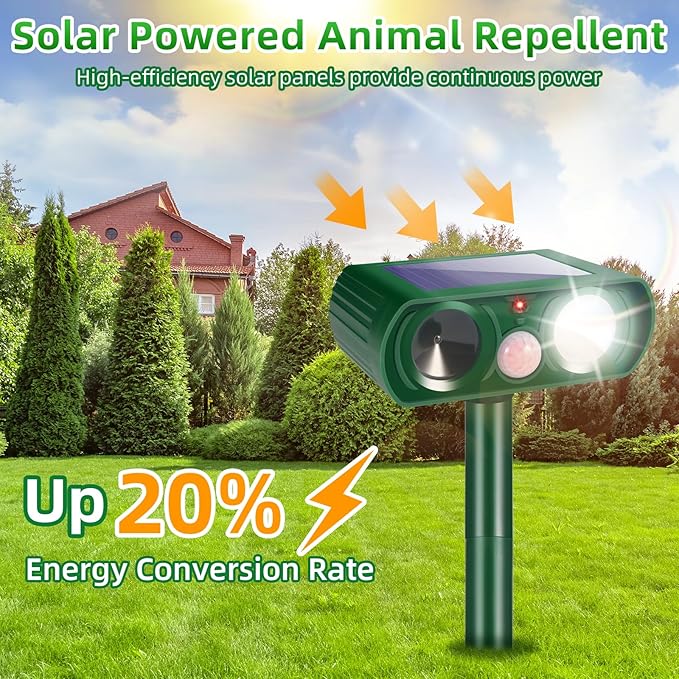 2 Pack 2026 Solar Ultrasonic Animal Repellent Outdoor IP65 Waterproof Motion Activated Cat Deterrent & Deer Repellent Devices Ultrasonic Pest Repeller for Raccoon, Squirrel, Rabbit, Dog, Skunk, Rodent