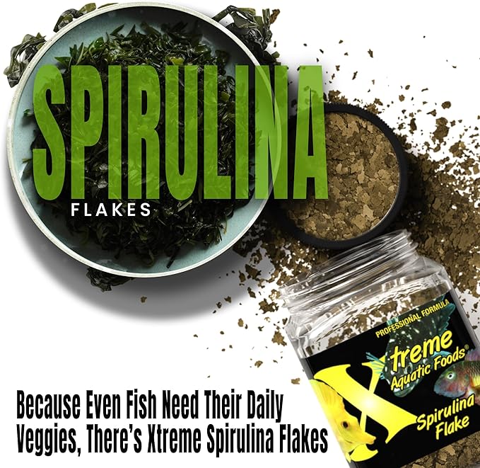 Xtreme Spirulina Flakes - Balanced Herbivorous Diet for Tropical and Marine Fish, Enhanced Health, Vibrant Colors - USA Farm Grown - Ideal for Cichlids, Barbs, Tetras and Guppies (3.5oz)