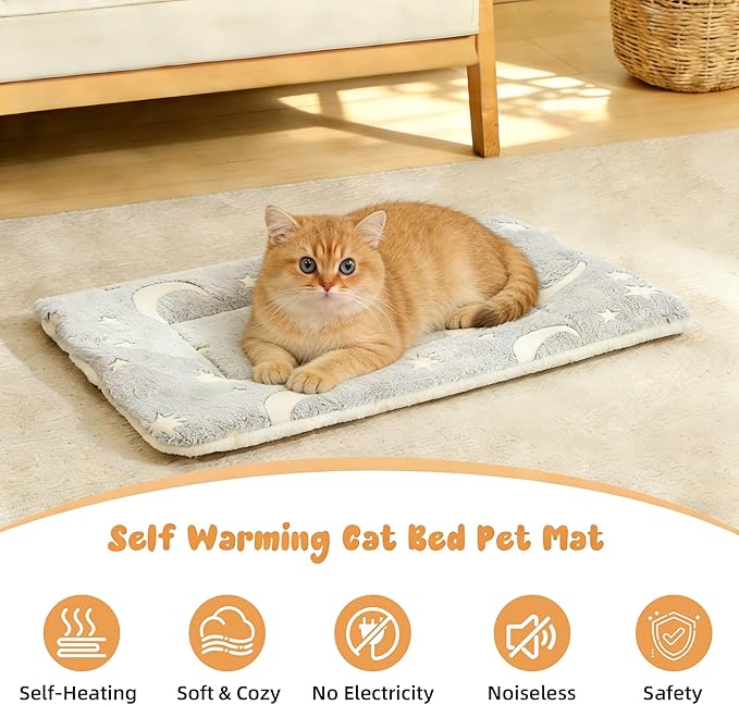 2-Pack Extra Large Self Warming Cat Bed Mat - 45x60cm (18"x24") Ultra Thick 5cm Thermal Pet Pad with Dual-Sided Design, Machine Washable for Indoor Outdoor Cats & Puppy Use Grey Stars Moon