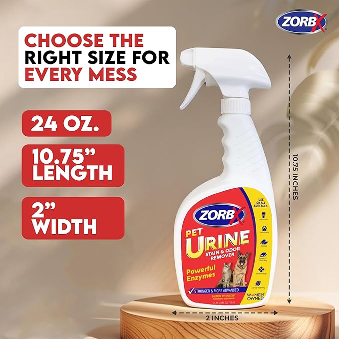 ZORBX Pet Urine Stain and Odor Remover Spray 24 FL Oz - Dog, Cat Urine Enzyme Odor Destroyer - Perfect Solution for Unpleasant Urine Odor and Stain Remover - Hardwood Floors & Carpet Cleaner
