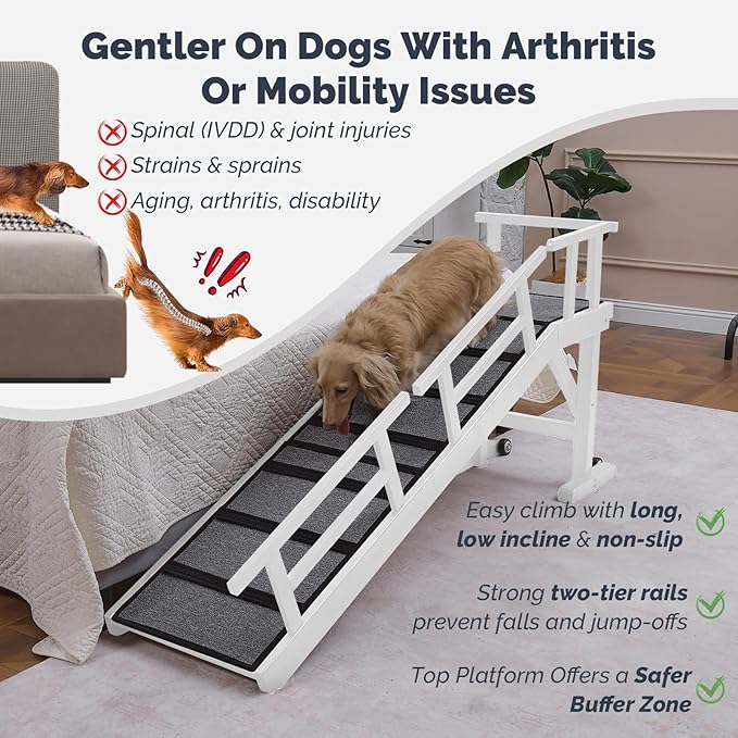 Dog Ramp for Bed or Couch, Wooden Pet Ramp with 20° Gentle Slope, Removable Side Rails, Non-Slip Surface, Top Platform & Wheels, Safe Bed Ramp for Small, Large & Senior Dogs, 60" Long, White