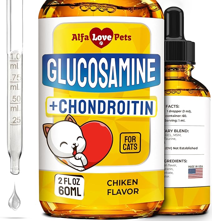 Liquid Glucosamine for Cats with Chondroitin – Taurine for Cats Works for Hips, Ligaments, Muscles, Circulation Maintenance – Cat Supplements with Natural Chicken Flavor 2-oz Bottle