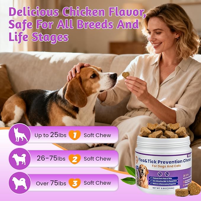 VUN Dog Flea and Tick Treatment Chewable,Natural Oral Flea Treatment for Cats,Relieve Itching& Biting,Flea Tick Prevention for Dogs Chews Supplement for Skin&Coat,All Breeds Sizes,100 Counts