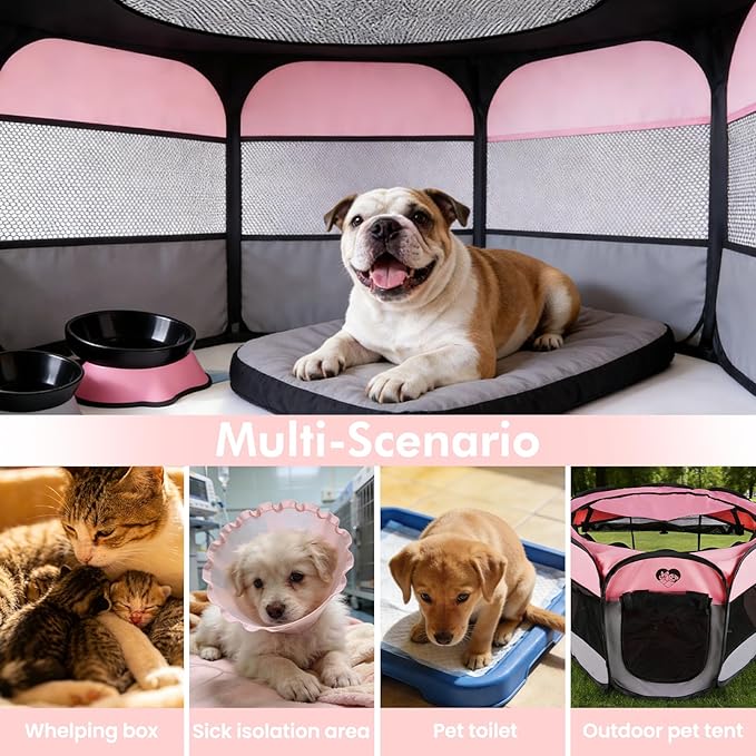 Dog Cat Playpen，Pet Cage - Indoor Outdoor, Portable Foldable Pop Up, Removable Zipper Top，Fits Dogs, Cats, Rabbits(Pink,S)