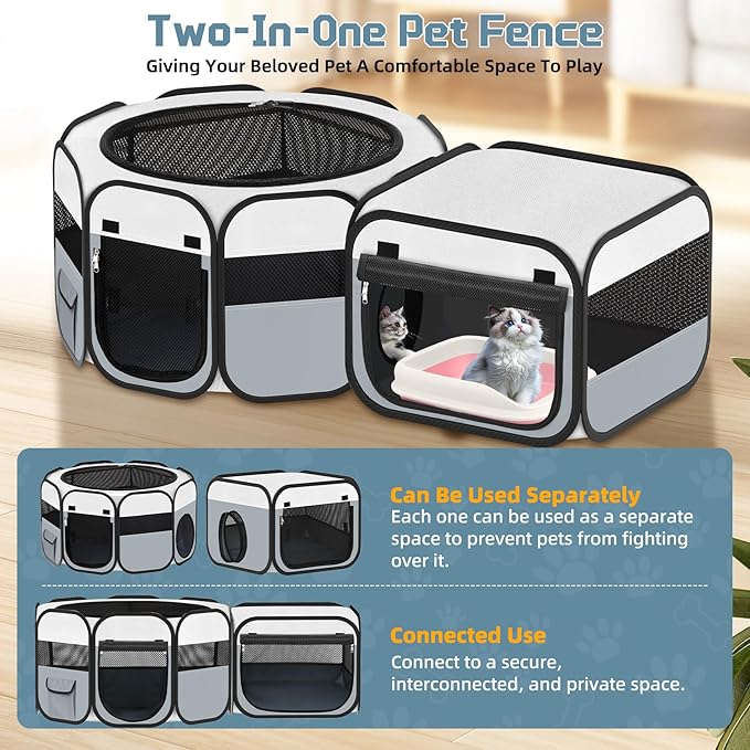 Vikua Portable Pet Cat Playpen, Foldable Dog Playpen for Indoor and Outdoor Use, Two in One Pet Playpen for Puppies Medium-Sized Dogs Kittens Travel Camping Use, Cat Tent & Houses