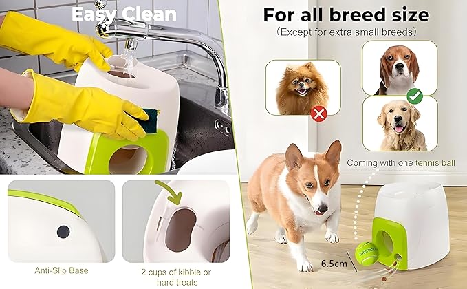 Automatic Tennis Ball Thrower, Dog Feeder and Launcher Toy Ball，Multipurpose Dog Launcher and Treat Dispenser, Automatic Tennis Toy with Rewards for Small and Medium Size Dogs