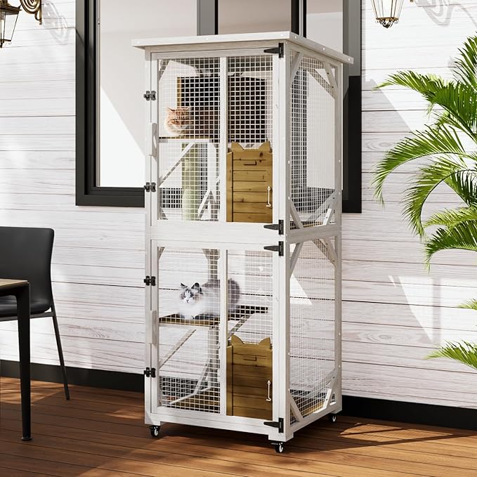 LEMBERI 71" Cat House Outdoor Catio Cat Enclosures on Wheels, Large Outside Patio Wooden Cat Cage Resting Box,Scratching Post, Waterproof Roof (White)