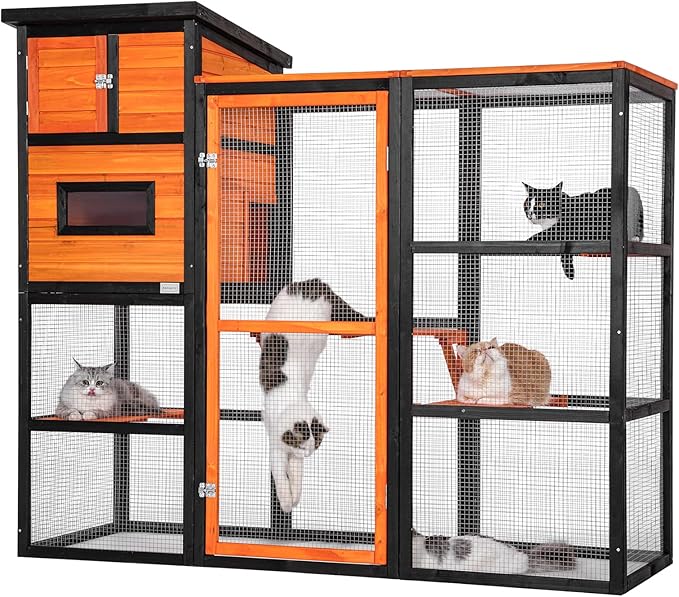 Petsfit Catio Outdoor Cat Enclosure, Cat Catio Outdoor with 4 Tries, 2 Resting Room, 4 Platforms and Waterproof Roof, Orange