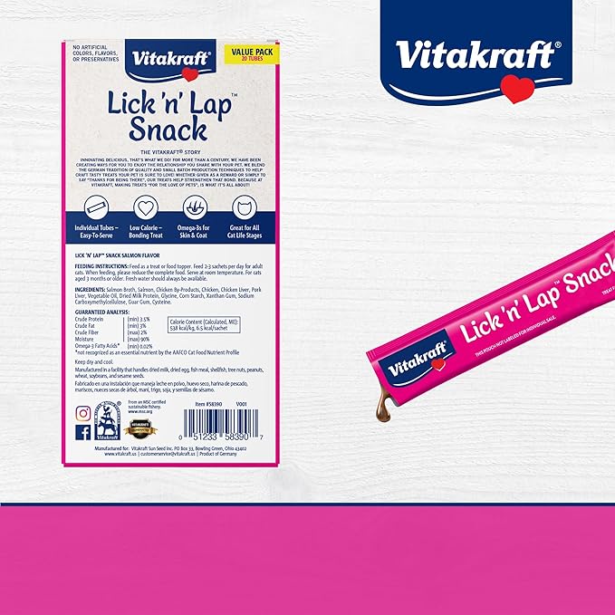 Vitakraft Lick 'n' Lap Snack Creamy, Cat Treat with Real Salmon, 16 Count