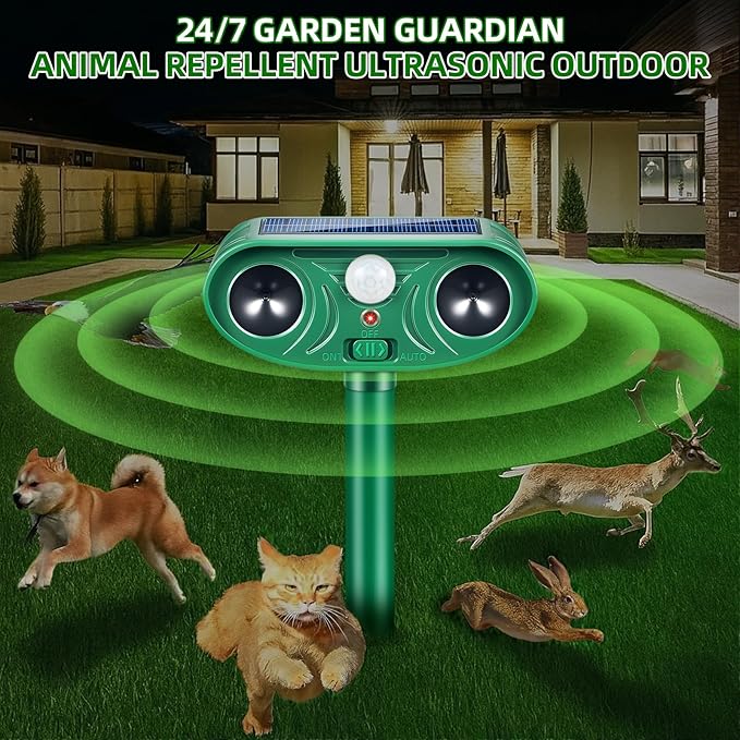 2 Pack Solar Ultrasonic Animal Repeller Outdoor with Motion Sensor Deer Repellent Devices for Squirrel Repellent Cat Rabbit Skunk Coyote Raccoon Repellent Outdoor Fox Deterrent for Yard