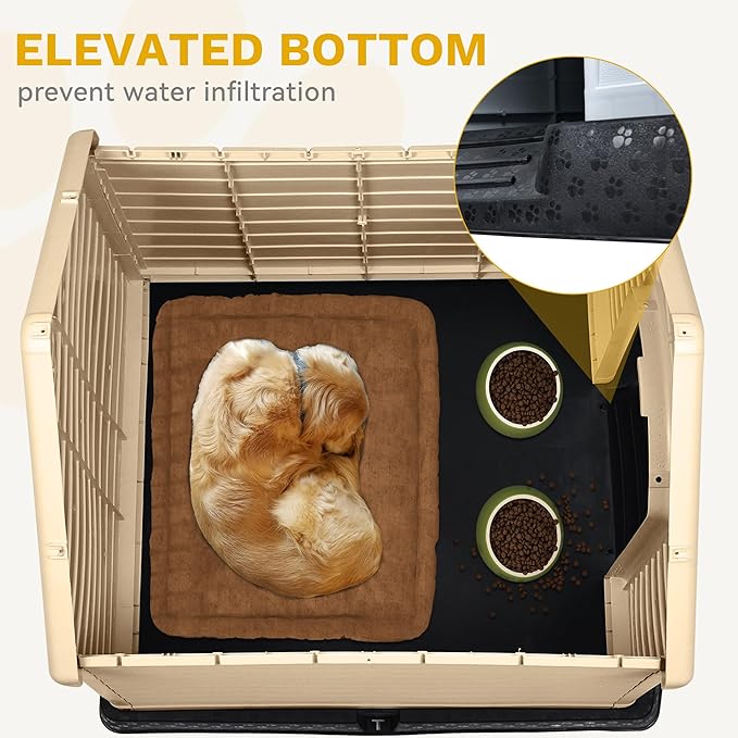 DWVO Plastic Dog House, Weatherproof Outdoor/Indoor Doghouse, Puppy Kennel with Air Vents and Elevated Floor
