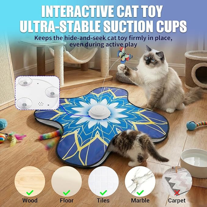 Interactive Cat Toy for Indoor Cats, Touch Activated Automatic Electronic Cat Toy with Sound On/Off, Dual Wands, Non-Slip Suction Cups, Rechargeable Hide and Seek Cat Play Mat for Bored Adult Kittens