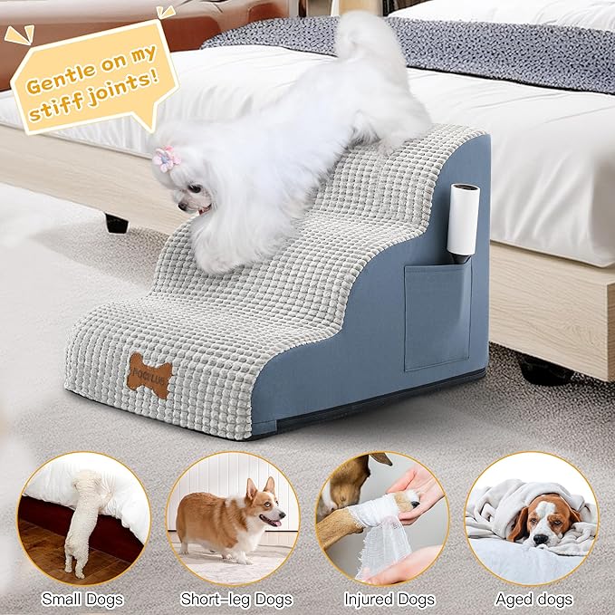 POCBLUE Dog Stairs for Small Dogs 19.7" H, 4-Step Wide Pet Step for High Bed or Couch, Curved Pet Ramps for Cats with High-Density Foam and Washable Cover, Grey