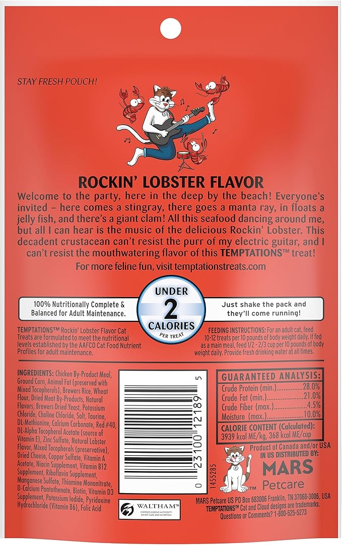 Temptations Classic Cat Treats, Rockin' Lobster Flavor, Crunchy and Soft Cat Treats 3 oz. Pouch (Pack of 12)