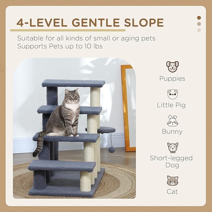 PawHut 4 Levels Cat Steps, Pet Stairs Carpeted Ladder, Kitten Tree Climber with Scratching Posts, Hanging Play Ball, Side Step, for High Bed, Sofa, Gray