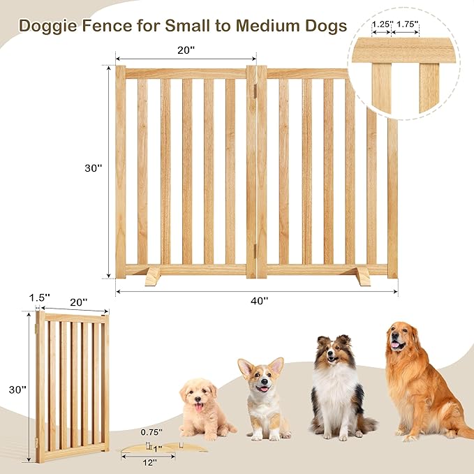 30" Height Tall Freestanding Pet Gate, Solid Wood Folding Safety Fence Wooden Dog Gate with 2 PCs Support Feet Ideal for Stairs, Doorways, Halls, Kitchens, Heavy Duty Gates, 2 Panels, Natural