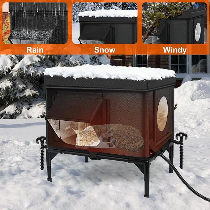 Heated Outdoor Cat House Weatherproof with Heating Pad, Heated Cats House for Outside, Insulated Feral Cat Houses for Outdoor Cats with Safe Escape Door, Elevated Outside Stray Cats Shelter(S)