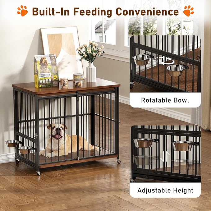 Dog Crate Furniture, 41’’ Wooden Dog Kennel Indoor with Sliding Front Door, Multi-Side Openings & Feeding Window Pet Cage House as TV Stand