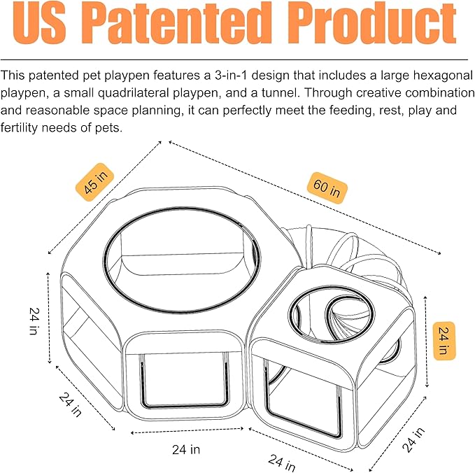 Portable Dog Playpen 2-Room with Tunnel, 3-in-1 Large Cat Crate Play Enclosure with Separate Areas, Foldable Pet Playpen for Puppy Kitten and Small Animals Indoor Outdoor