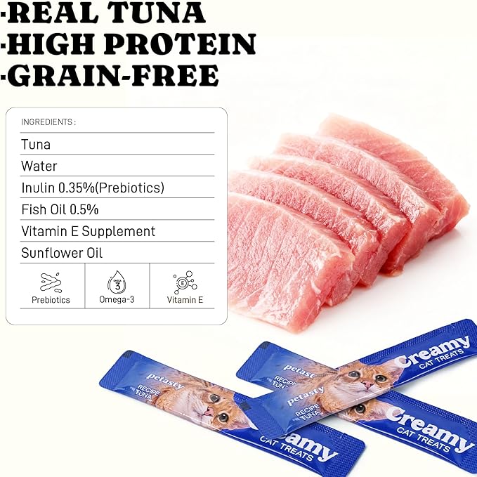 Lickable Cat Treats, High Moisture Hydrating Creamy Puree Squeeze Tubes, Tuna Flavor, 20 Tubes 0.5oz, Grain-Free, Omega Oils & Vitamin E, Skin & Coat Health, Digestive and Immune Support