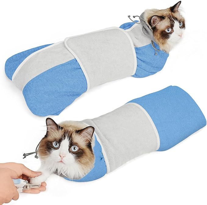 Supet Cat Grooming Wrap for Cutting Nails, Self-Adhesive Anti-Scratch Swaddle with Bite-Proof Mesh Hood & Thick Waist Strap Anti-Escape Bag for Nail Trimming, Medication, Ear Cleaning (Blue M)