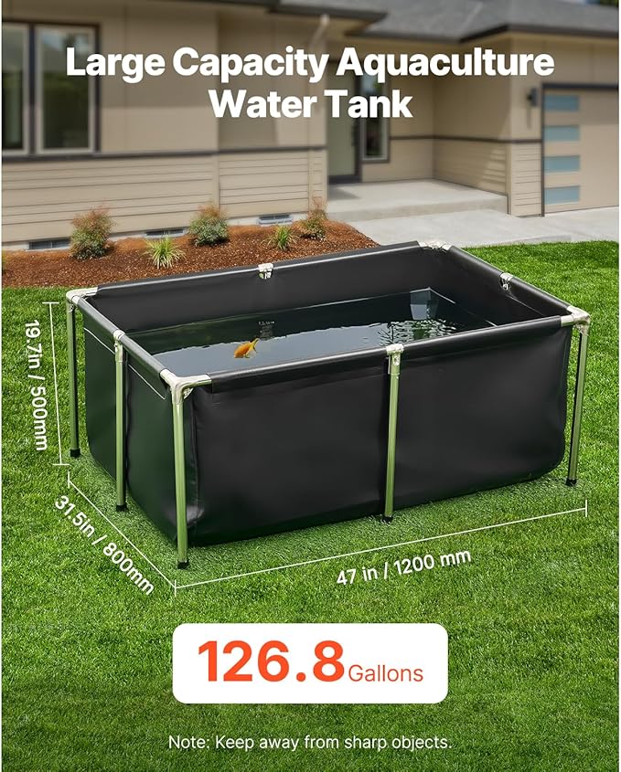Happybuy 126.8-Gallon Black Rectangular Fish Pond - Foldable Above Ground PVC Koi Tank with Stainless Steel Frame & Drain Valve for Aquaculture and Breeding