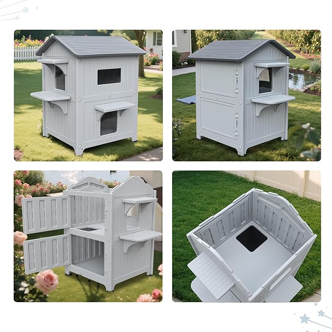 Weatherproof Outdoor Insulated Cat House for Feral Multi Cat, 2 Storey Plastic Elevated Cat Shelter with Escape Door, Easy Assemble, Expansive Interior‌ Grey 34" D x 21" W x 21.5" H