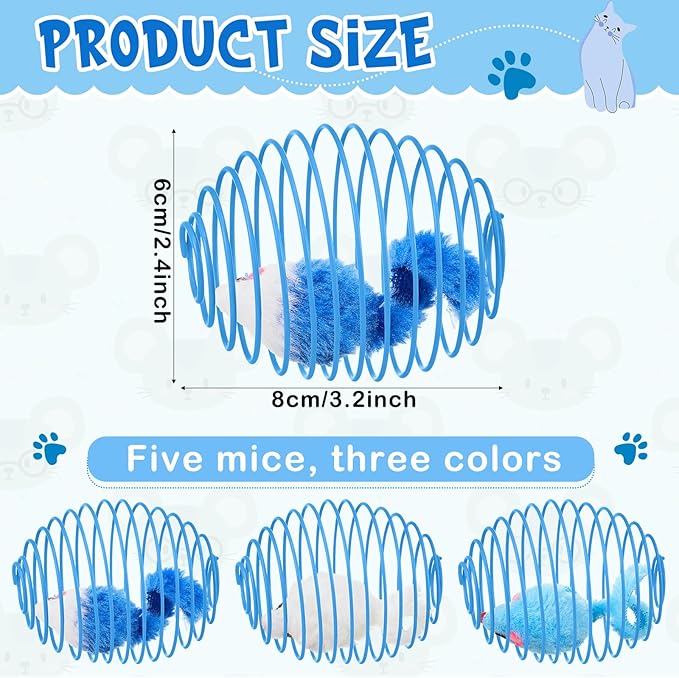 Jecery 5 Pcs Cat Spring Balls Toys Stretchable Rolling Balls Colorful Playful Coils Interactive Action Toy Caged Rats for Kitten Pet Supplies (Mouse,Blue White)