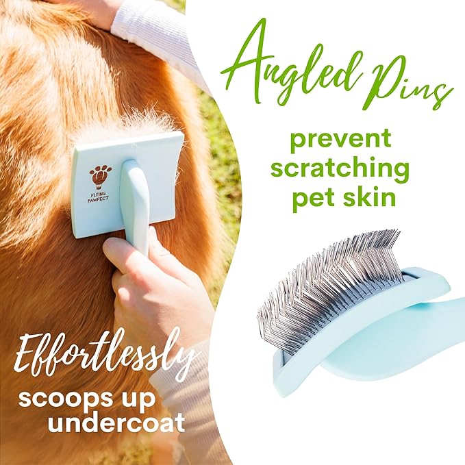 Pet Slicker Brush With Soft Massage Grooming Stainless Steel Pins - For Dematting, Shedding Fur, and Undercoat - Ideal Gift for Professional Pet Groomers - Long Slicker Brush (Blue, Curved Large)