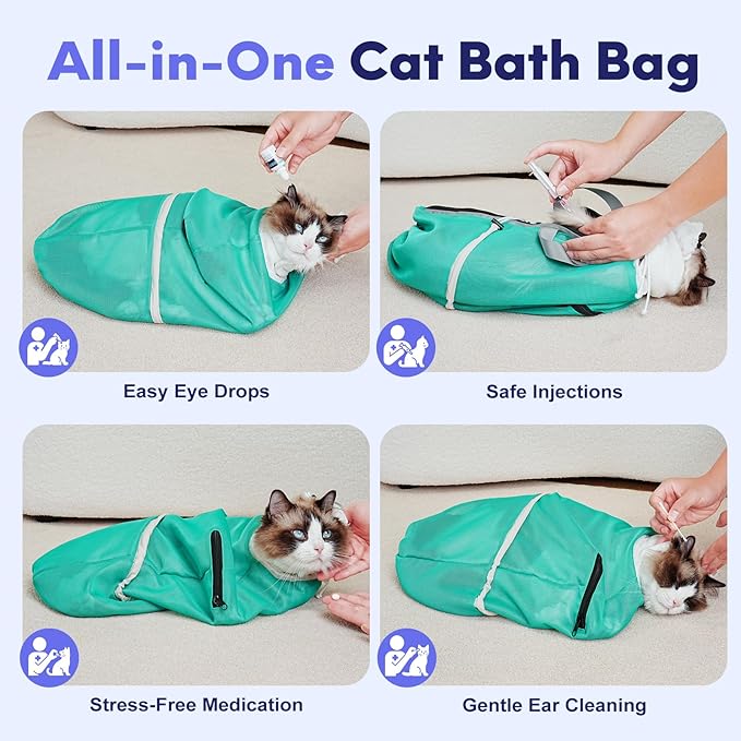 Cat Bathing Bag Anti Scratch Bite Breathable Mesh - Adjustable Cat Grooming Bag for Nail Trimming, Injections, Medication, Dental Care, Vet Visits, Cats Shower Bag with Zippers,Green