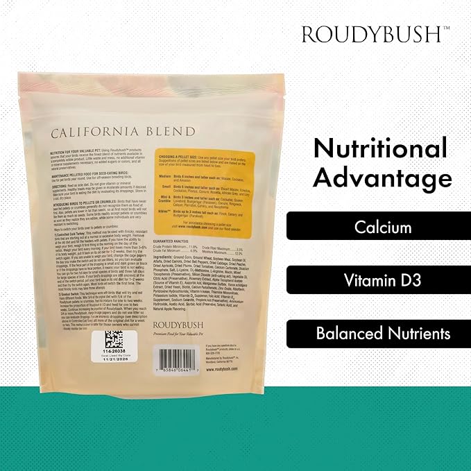 RoudyBush California Blend Pellets for Birds - Scientifically Formulated Bird Feed - Bird Food Pellets w/Dried Fruits, Vegetables & More - Nutritious & Healthy Feed for Birds (Mini, 44oz)
