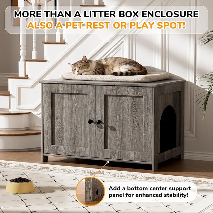 Cat Litter Box Enclosure Furniture Dog Proof, Hidden Kitty Washroom Low Entry, Wooden Cat Boxes Enclosure Odor Control for Home, Farmhouse Style Decorative Cabinet with Storage,Oak Grey