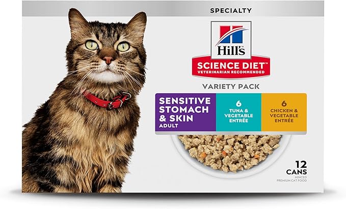 Hill's Science Diet Sensitive Stomach & Skin, Adult 1-6, Stomach & Skin Sensitivity Support, Wet Cat Food, Variety Pack: Chicken; Tuna Minced, 2.9 oz Can Variety Pack, Case of 12