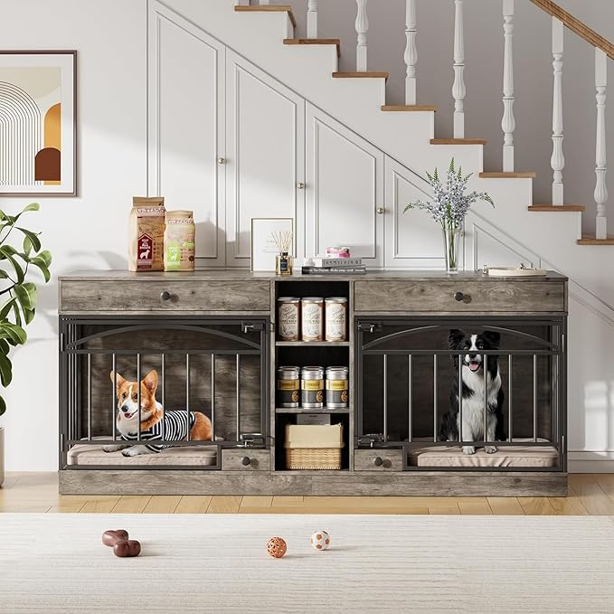 GAOMON Dog Crate Furniture for 2 Dogs, 78.7'' Large Dog Kennel Indoor with 2 Storage Drawers, 3 Shelves and Feeding Bowls, Double Dog Crate TV Stand for Small and Medium Dogs, Gray