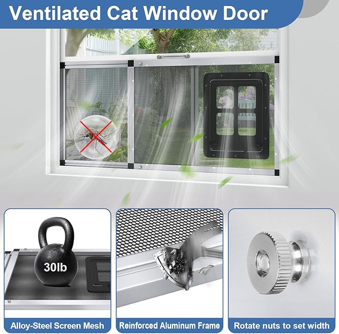Ventilated Pet Door for Window 38"-44" Wide Adjustable, Silver Aluminum Frame + Stainless Steel Mesh | Breathable Bug-Proof | 4-Way Lock Magnetic Closure Cat Window Door,Cat Door for Window Insert
