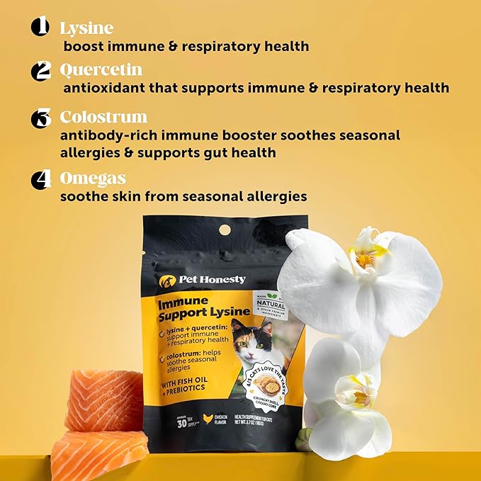Cat Immune Support Lysine – Allergy Relief & Immune Health Supplement for Cats with L-Lysine, Colostrum, Quercetin & Omega-3 – Soothes Sneezing, Runny Nose & Itchy Skin Chicken, (30-Day Supply)