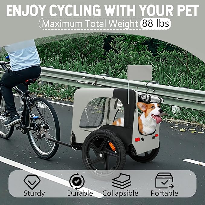 Collapsible Pet Bike Trailer, Portable Dog Bicycle Trailer with Enhanced Safety Design, Weatherproof & Ventilated Pet Carrier for Small to Medium Pets Up to 66 lbs (Grey)