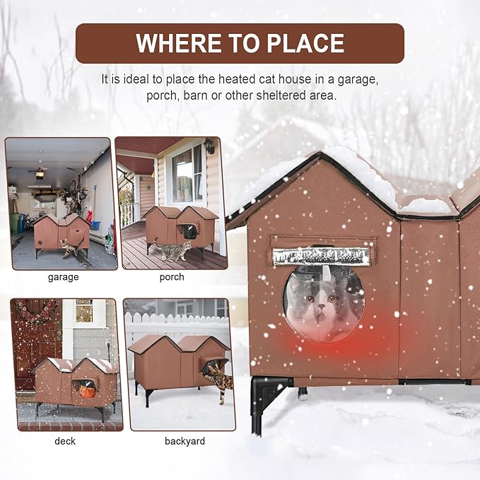 Extra Large Heated Outdoor Cat House Weatherproof, Insulated Outdoor Heated Cat House for Outside with Heater, Elevated Outdoor Feral Cat Shelter for Multiple Cats Small Dogs (Brown, XL)