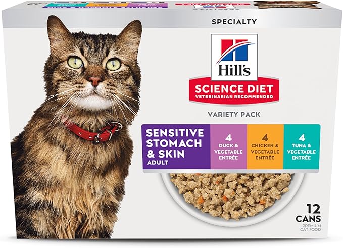 Hill's Science Diet Adult 1-6 Sensitive Stomach & Sensitive Skin Wet Cat Food, Variety Pack: Chicken, Tuna, & Duck, 2.9 oz. Cans, 12-Pack