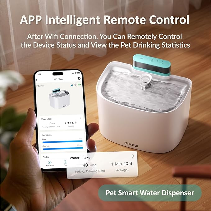 PET LAYSON Pumpless Cat Water Fountain, App Remote Control Smart Cordless Rechargeable Battery Operated, 3.6L/122oz 2.4G Wi-Fi Dog Water Dispenser, 2 Filters,2 Nozzles(Pink, M1 Pro)