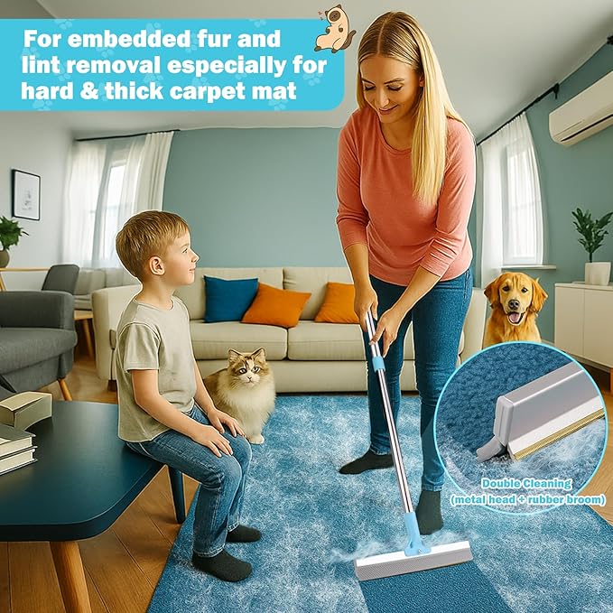 3PCS Pet Hair Removal Tool - Reusable Carpet Rake for Deep Stubborn Cleaning with Copper Head Scraper and Silicone Scraper, 52" Adjustable Long Handle Dog Hair Remover Broom for Sofa, Rugs, Couch, Car